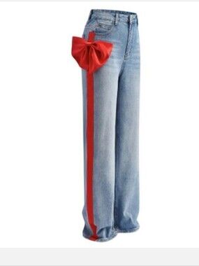 Light Blue Wide-Leg Jeans with Red Bow Detail